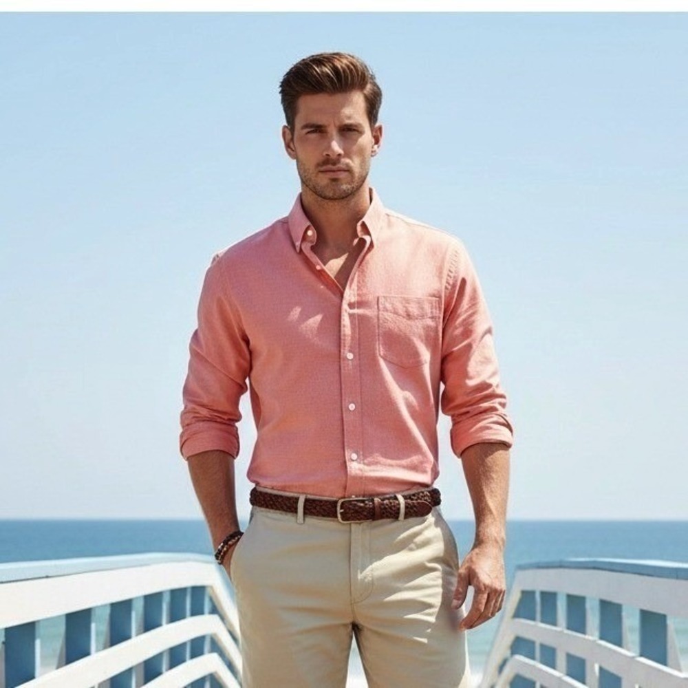 Pendleton Bridgeport Mens XL Salmon Pink Cotton Twill Button‎ Up Shirt Coastal